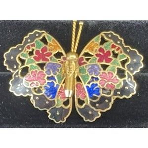 Vtg Brooch Cloisonne Butterfly Multicolored Gold Tone Blue Red Purple Unsigned